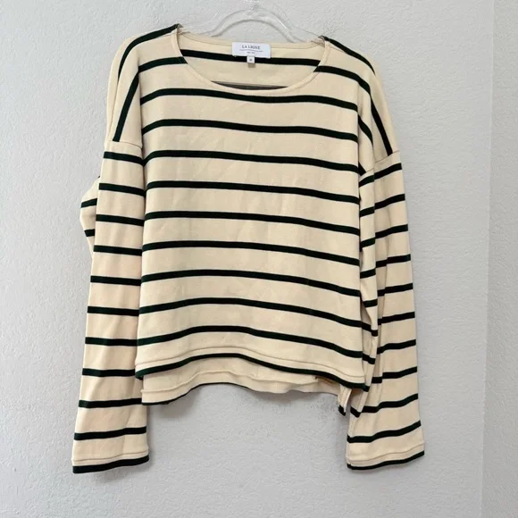 LA LIGNE Long Sleeve Breton Tee Shirt Ecru Cream Green Striped Size Medium - Picture 2 of 6